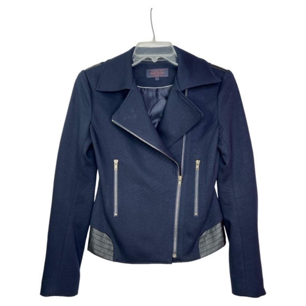 JAMES JEANS NAVY BLUE KNIT MOTO JACKET WITH VEGAN FAUX LEATHER DETAIL SZ S